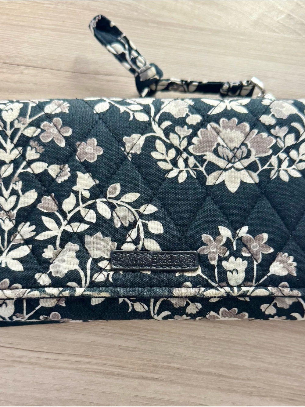 Vera Bradley Black Floral Quilted Wristlet Wallet with Cream Accents